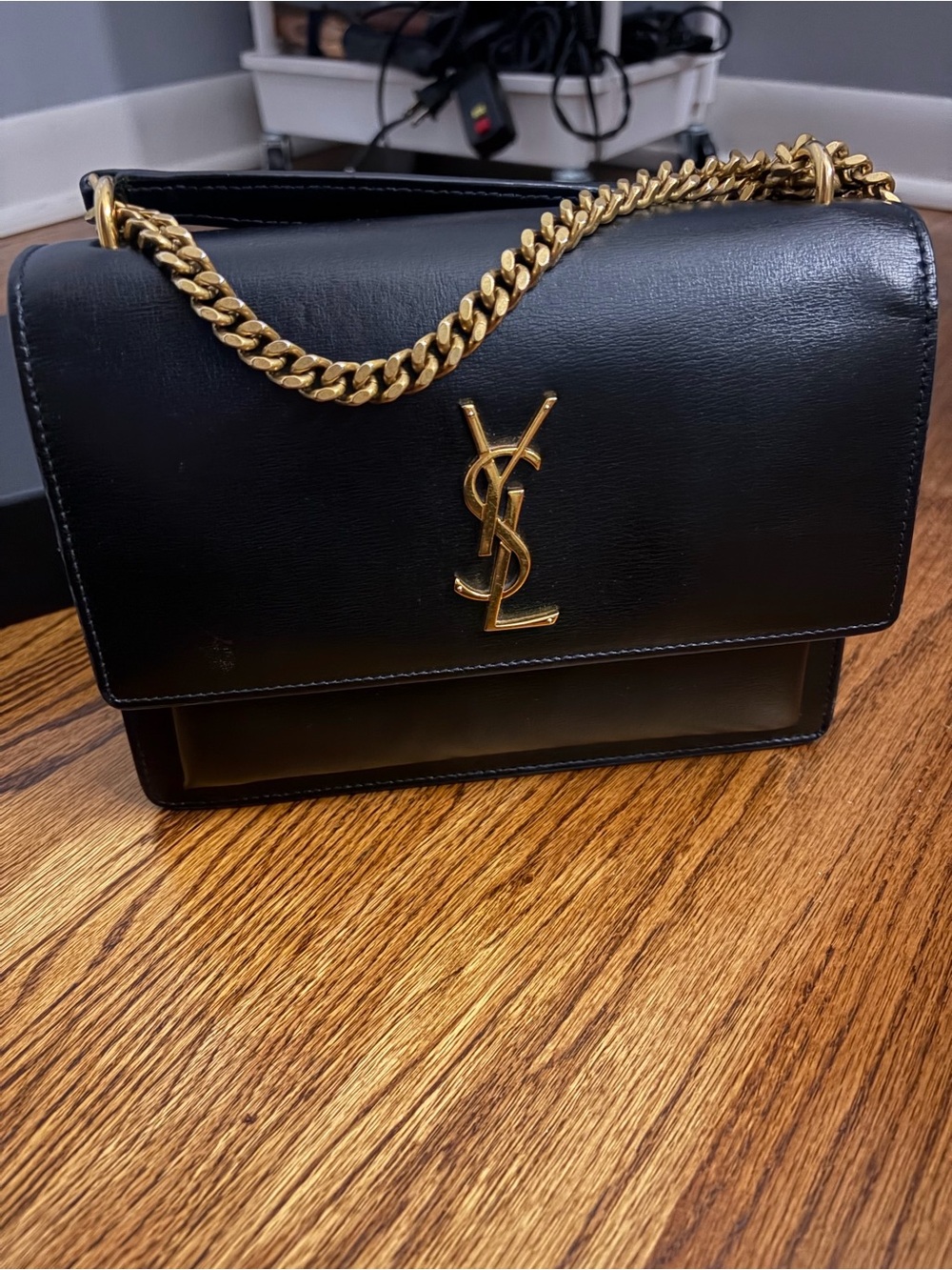 Saint Laurent Sunset Black Leather Shoulder Bag with Gold Hardware